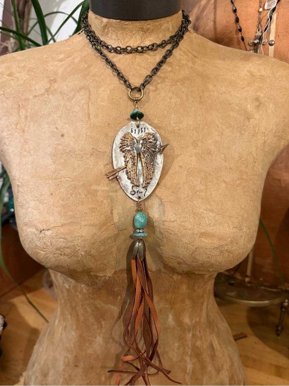 Gypsy Boho Angel Wing Pendant Necklace with Turquoise Beads and Leather Tassel